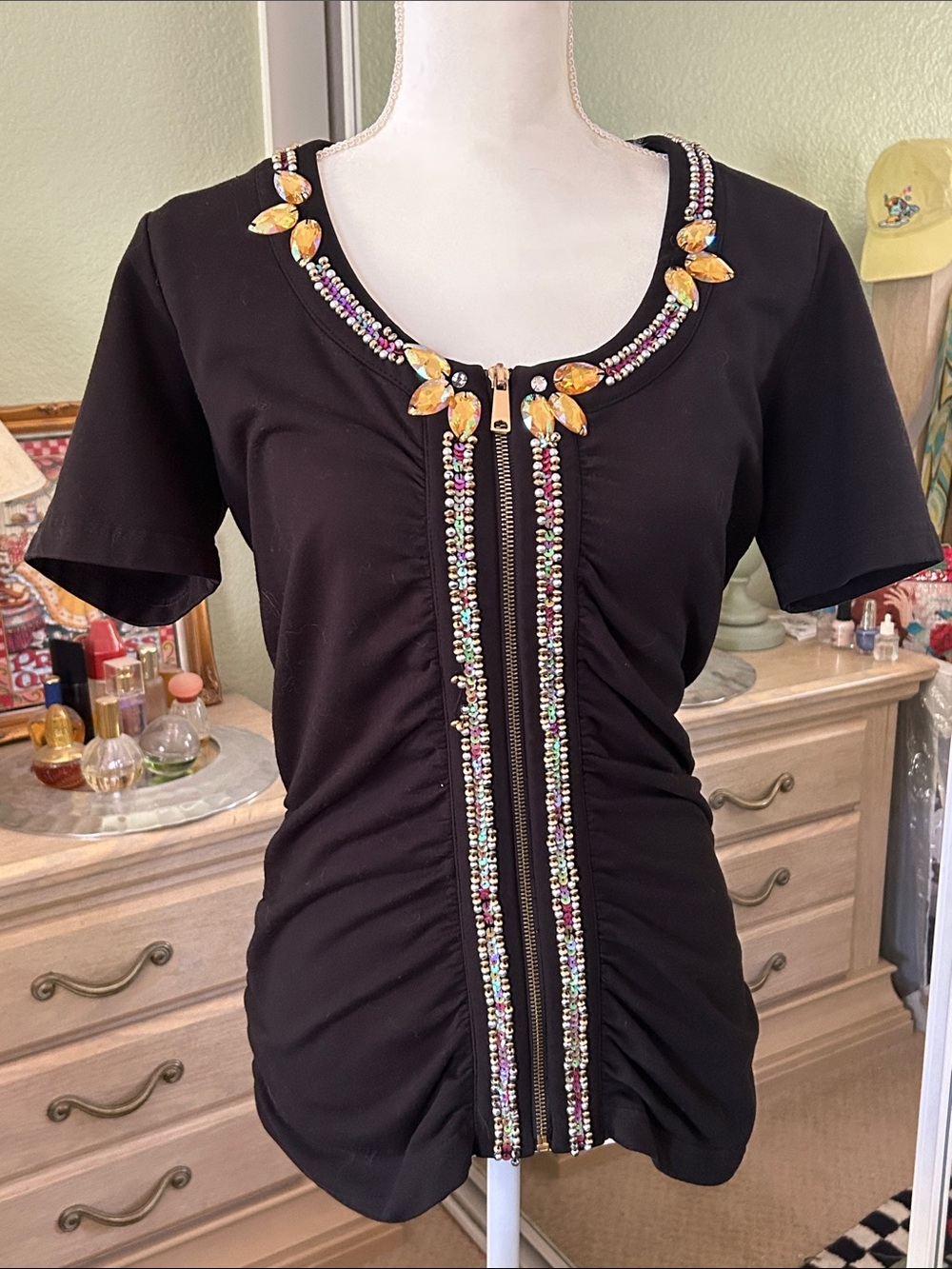 Boston Proper Black Short-Sleeve Embellished Jewel Zip Top